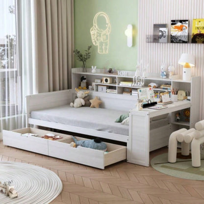 Wooden Full Size Daybed with Storage Shelves, Multi - functional Bed with Two Storage Drawers and Study Desk, Natural Old SKU: HL000089AAM