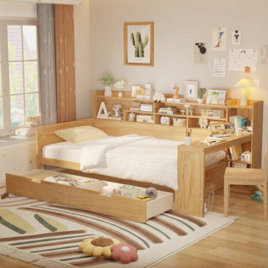 Wooden Full Size Daybed with Storage Shelves, Multi - functional Bed with Two Storage Drawers and Study Desk, Natural Old SKU: HL000089AAM