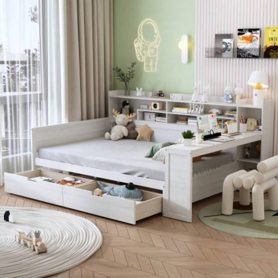 Wooden Full Size Daybed with Storage Shelves, Multi - functional Bed with Two Storage Drawers and Study Desk, Natural Old SKU: HL000089AAM