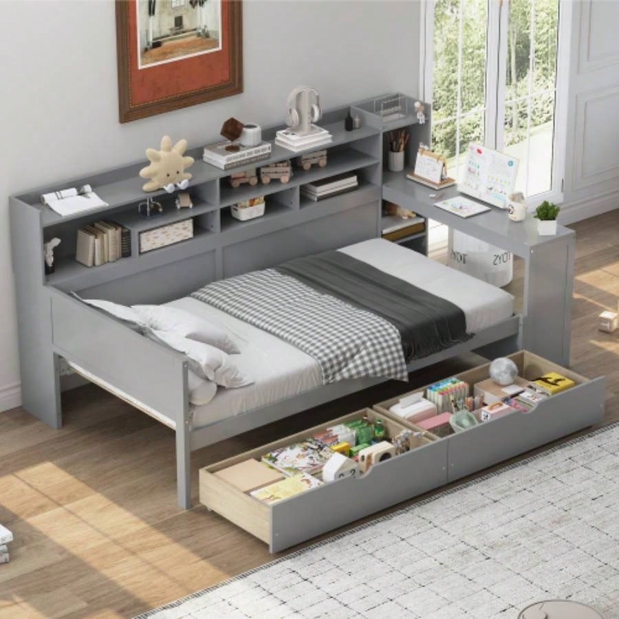 Wooden Full Size Daybed with Storage Shelves, Multi - functional Bed with Two Storage Drawers and Study Desk, Natural Old SKU: HL000089AAM