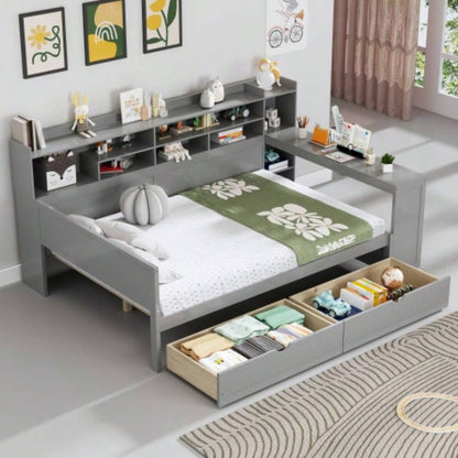 Wooden Full Size Daybed with Storage Shelves, Multi - functional Bed with Two Storage Drawers and Study Desk, Natural Old SKU: HL000089AAM