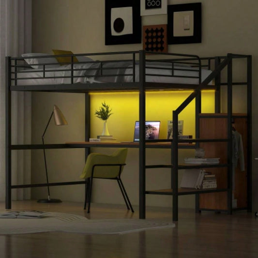 Full Size Metal Loft Bed with Desk, Storage Staircase, Small Wardrobe and LED Light, Black