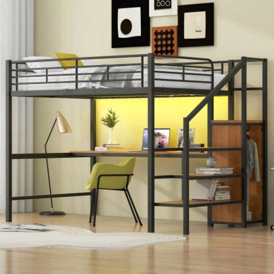 Full Size Metal Loft Bed with Desk, Storage Staircase, Small Wardrobe and LED Light, Black
