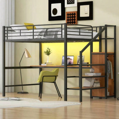 Full Size Metal Loft Bed with Desk, Storage Staircase, Small Wardrobe and LED Light, Black