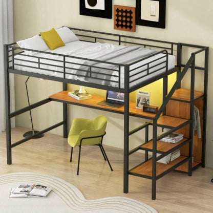 Full Size Metal Loft Bed with Desk, Storage Staircase, Small Wardrobe and LED Light, Black