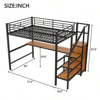Full Size Metal Loft Bed with Desk, Storage Staircase, Small Wardrobe and LED Light, Black