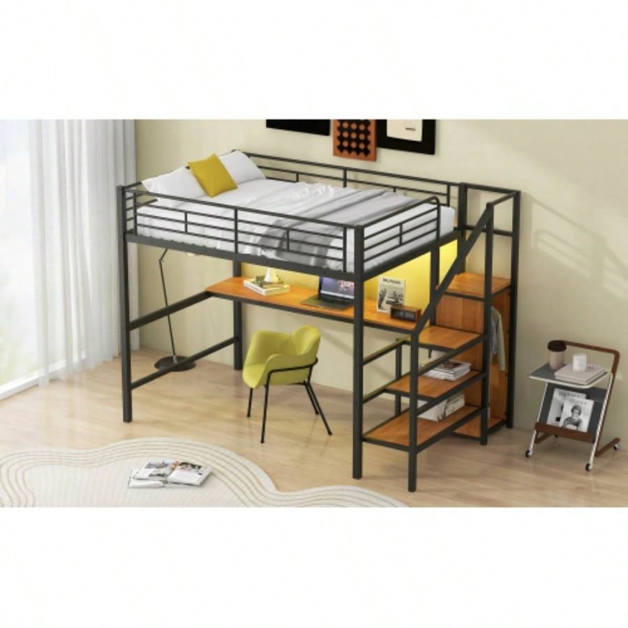 Full Size Metal Loft Bed with Desk, Storage Staircase, Small Wardrobe and LED Light, Black