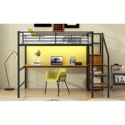Full Size Metal Loft Bed with Desk, Storage Staircase, Small Wardrobe and LED Light, Black