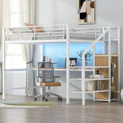 Full Size Metal Loft Bed with Desk, Storage Staircase, Small Wardrobe and LED Light, White