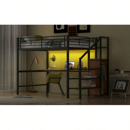 Full Size Metal Loft Bed with Desk, Storage Staircase, Small Wardrobe and LED Light, Black