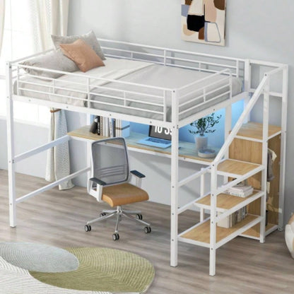 Full Size Metal Loft Bed with Desk, Storage Staircase, Small Wardrobe and LED Light, White