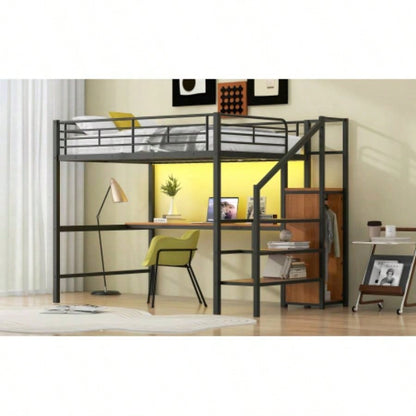 Full Size Metal Loft Bed with Desk, Storage Staircase, Small Wardrobe and LED Light, Black