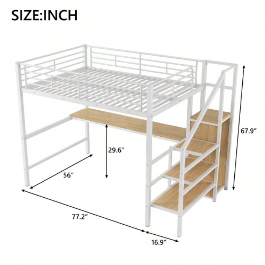 Full Size Metal Loft Bed with Desk, Storage Staircase, Small Wardrobe and LED Light, White