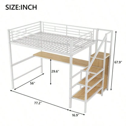 Full Size Metal Loft Bed with Desk, Storage Staircase, Small Wardrobe and LED Light, White