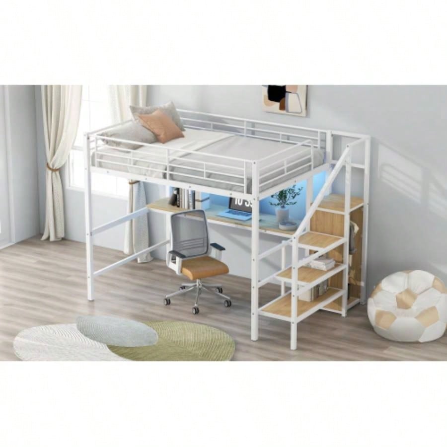 Full Size Metal Loft Bed with Desk, Storage Staircase, Small Wardrobe and LED Light, White
