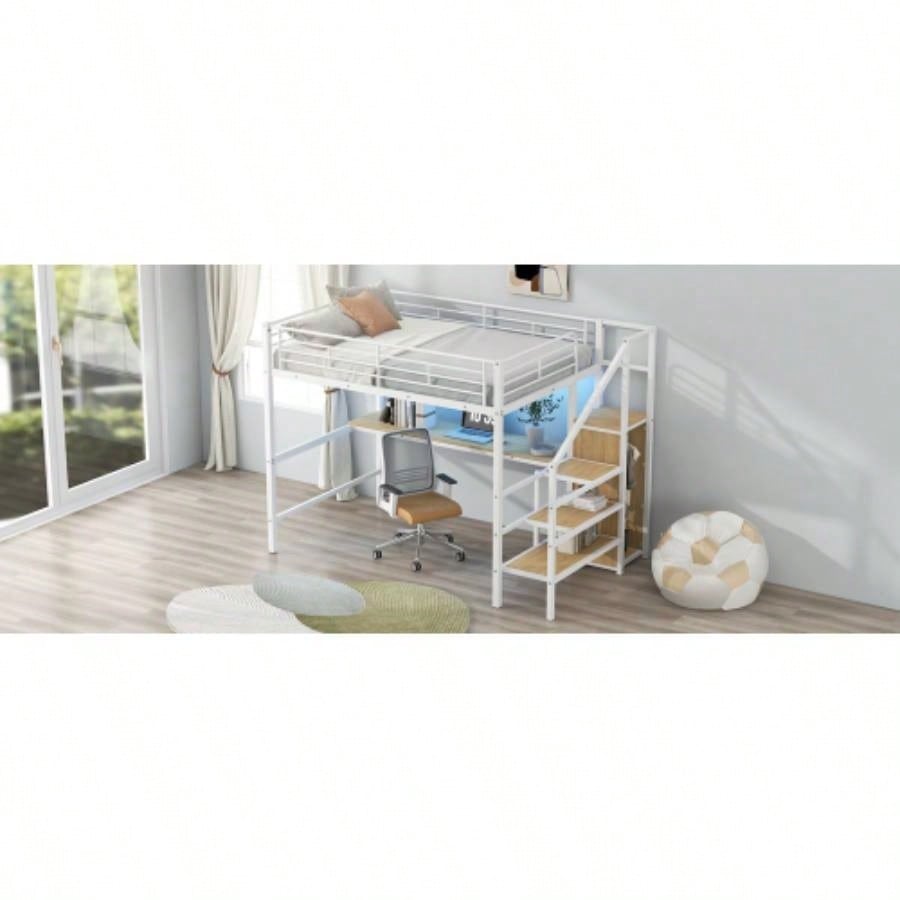 Full Size Metal Loft Bed with Desk, Storage Staircase, Small Wardrobe and LED Light, White