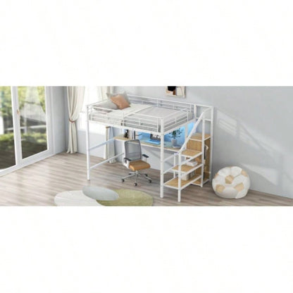 Full Size Metal Loft Bed with Desk, Storage Staircase, Small Wardrobe and LED Light, White