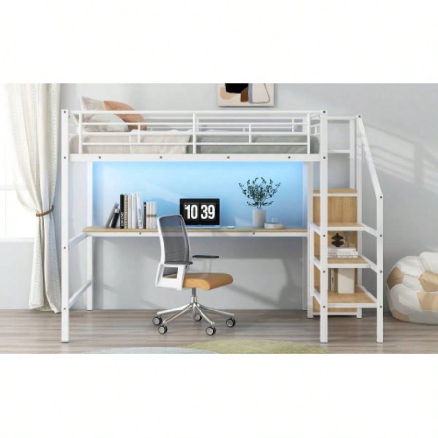 Full Size Metal Loft Bed with Desk, Storage Staircase, Small Wardrobe and LED Light, White