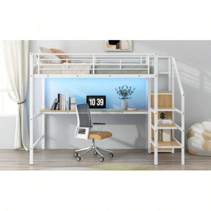 Full Size Metal Loft Bed with Desk, Storage Staircase, Small Wardrobe and LED Light, White