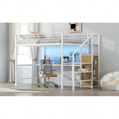 Full Size Metal Loft Bed with Desk, Storage Staircase, Small Wardrobe and LED Light, White