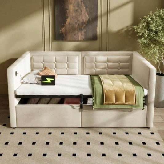 Upholstered Twin Size Daybed, Hydraulic Storage Twin Bed Frame with USB Type - C Charging, Bed Frame with Wooden Slats and Tufted Sofa Back, Beige, Velvet Without Mattress
