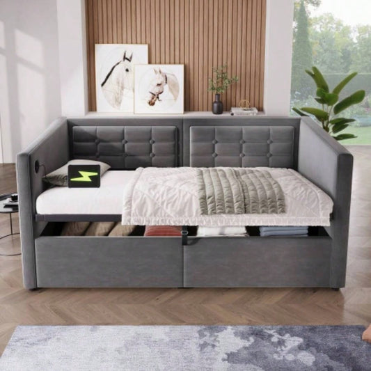 Upholstered Twin Size Daybed, Hydraulic Storage Twin Bed Frame with USB Type - C Charging, Bed Frame with Wooden Slats and Tufted Sofa Back, Gray, Velvet Without Mattress
