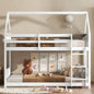 Twin Over Twin House Floor Bunk Bed with Headboards, Footboards and Guardrails, Ladder, Rubber Wood Bunk Bed with Safety Guardrails, White