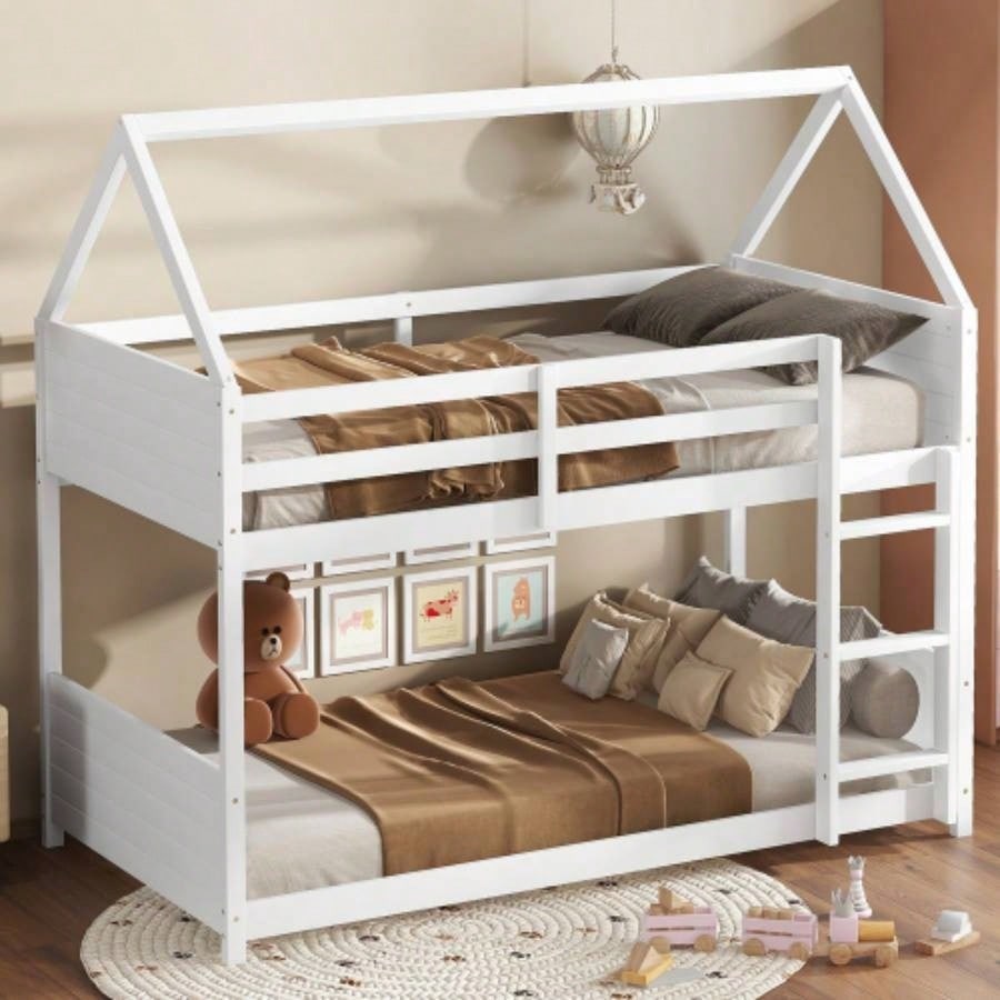 Twin Over Twin House Floor Bunk Bed with Headboards, Footboards and Guardrails, Ladder, Rubber Wood Bunk Bed with Safety Guardrails, White