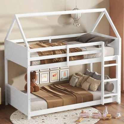 Twin Over Twin House Floor Bunk Bed with Headboards, Footboards and Guardrails, Ladder, Rubber Wood Bunk Bed with Safety Guardrails, White