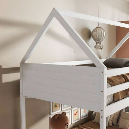 Twin Over Twin House Floor Bunk Bed with Headboards, Footboards and Guardrails, Ladder, Rubber Wood Bunk Bed with Safety Guardrails, White