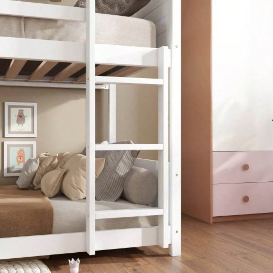Twin Over Twin House Floor Bunk Bed with Headboards, Footboards and Guardrails, Ladder, Rubber Wood Bunk Bed with Safety Guardrails, White
