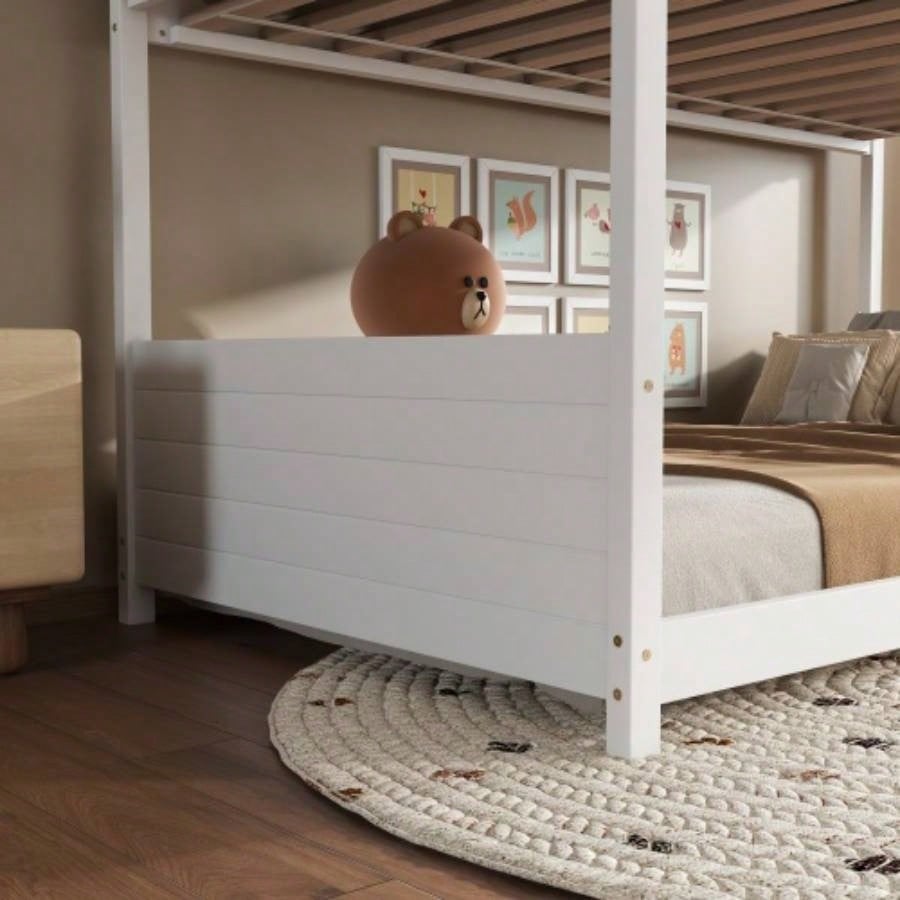 Twin Over Twin House Floor Bunk Bed with Headboards, Footboards and Guardrails, Ladder, Rubber Wood Bunk Bed with Safety Guardrails, White
