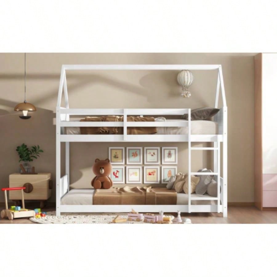 Twin Over Twin House Floor Bunk Bed with Headboards, Footboards and Guardrails, Ladder, Rubber Wood Bunk Bed with Safety Guardrails, White
