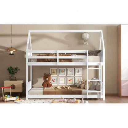 Twin Over Twin House Floor Bunk Bed with Headboards, Footboards and Guardrails, Ladder, Rubber Wood Bunk Bed with Safety Guardrails, White
