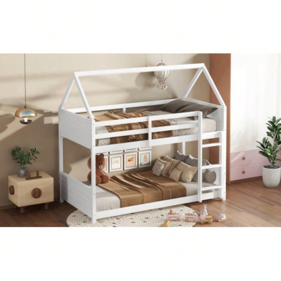 Twin Over Twin House Floor Bunk Bed with Headboards, Footboards and Guardrails, Ladder, Rubber Wood Bunk Bed with Safety Guardrails, White