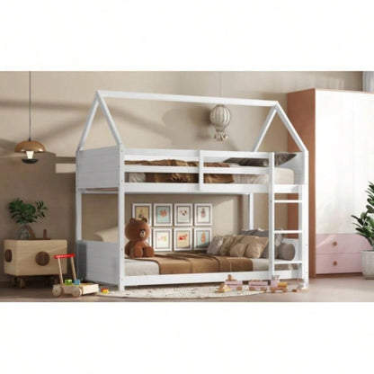 Twin Over Twin House Floor Bunk Bed with Headboards, Footboards and Guardrails, Ladder, Rubber Wood Bunk Bed with Safety Guardrails, White