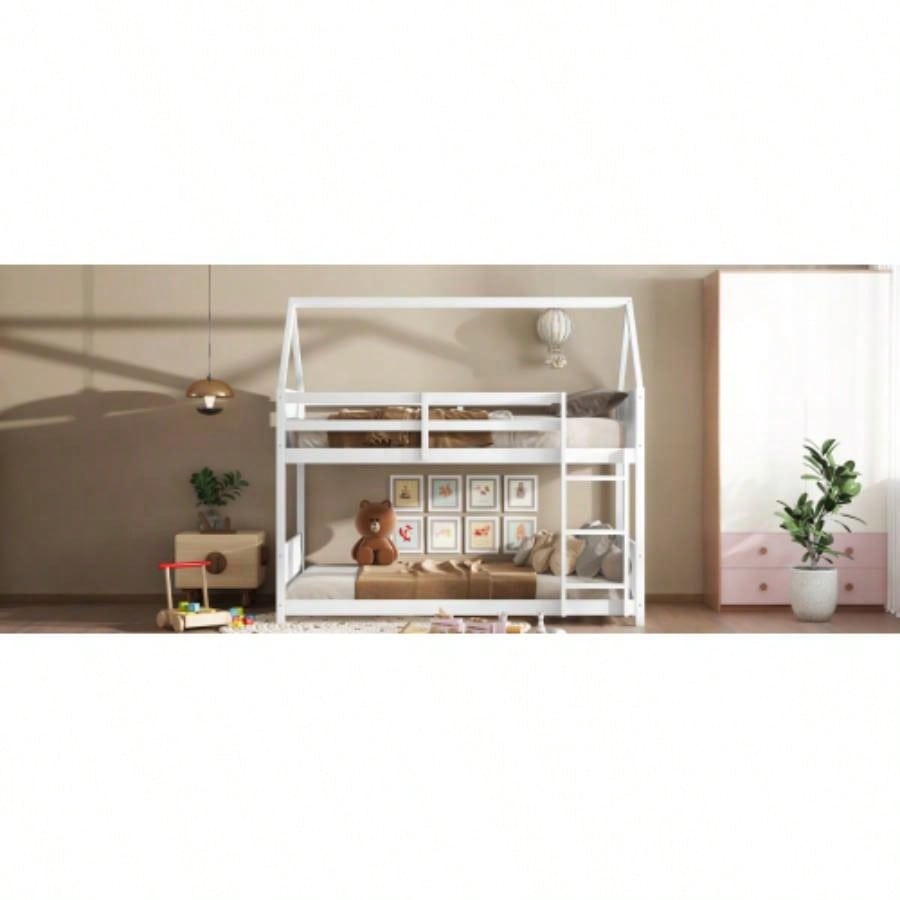 Twin Over Twin House Floor Bunk Bed with Headboards, Footboards and Guardrails, Ladder, Rubber Wood Bunk Bed with Safety Guardrails, White