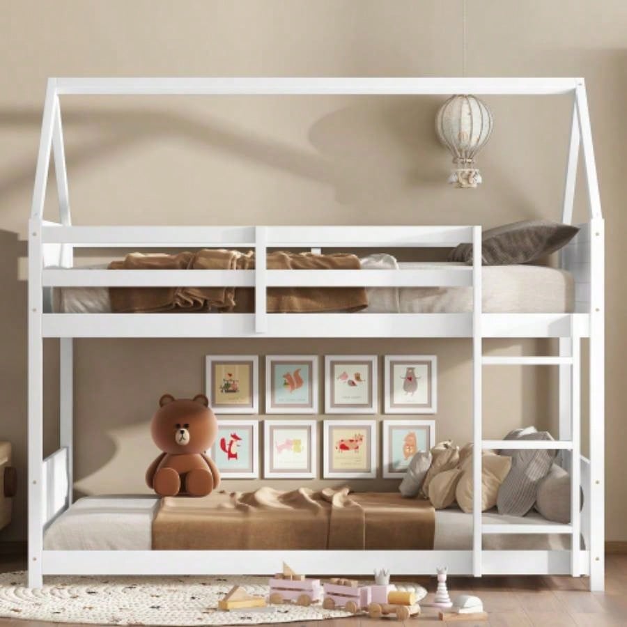 Twin Over Twin House Floor Bunk Bed with Headboards, Footboards and Guardrails, Ladder, Rubber Wood Bunk Bed with Safety Guardrails, White