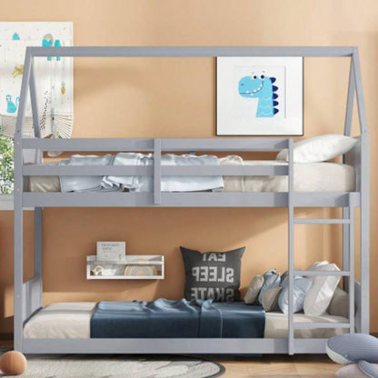 Twin Over Twin House Floor Bunk Bed with Headboards, Footboards and Guardrails, Ladder, Rubber Wood Bunk Bed with Safety Guardrails, White