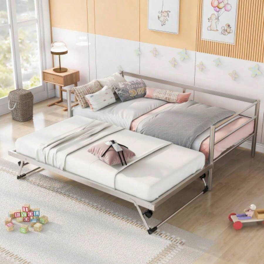 Twin Size Metal Daybed with Adjustable Trundle, Up Trundle, Silver