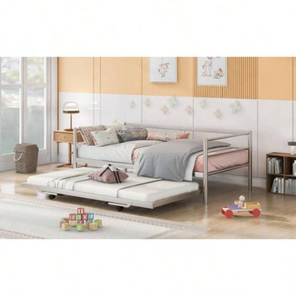 Twin Size Metal Daybed with Adjustable Trundle, Up Trundle, Silver