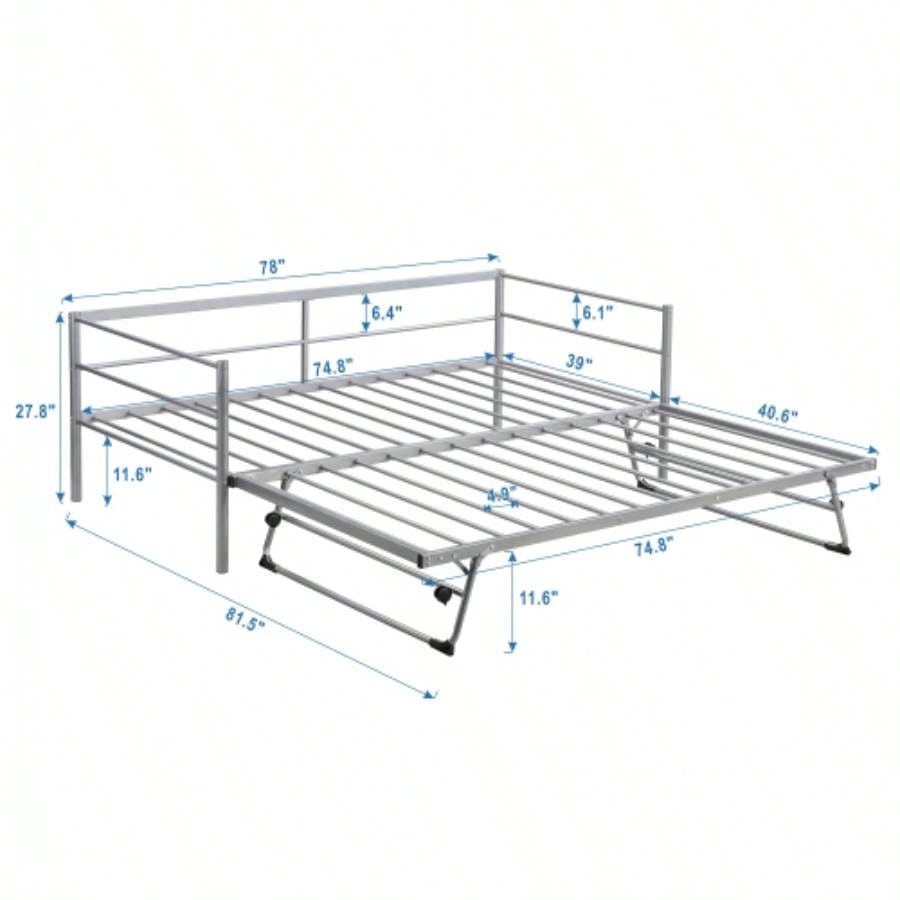 Twin Size Metal Daybed with Adjustable Trundle, Up Trundle, Silver
