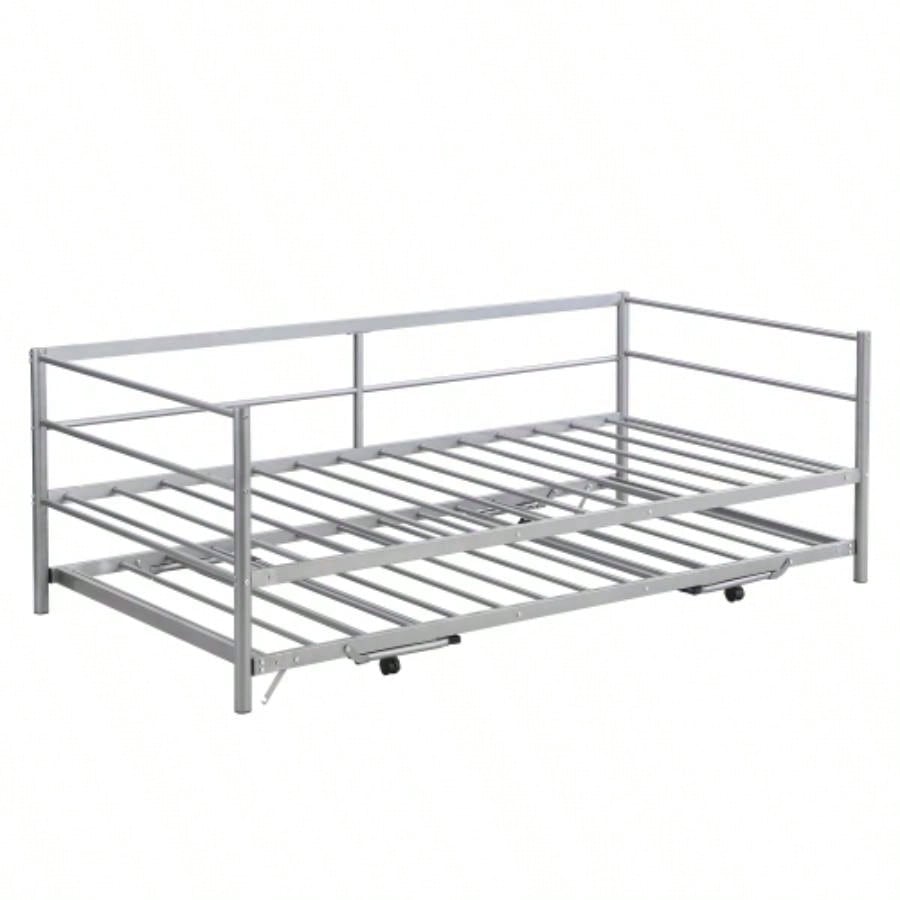 Twin Size Metal Daybed with Adjustable Trundle, Up Trundle, Silver