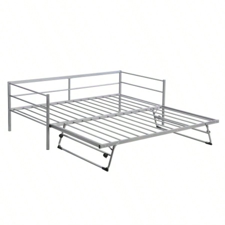 Twin Size Metal Daybed with Adjustable Trundle, Up Trundle, Silver