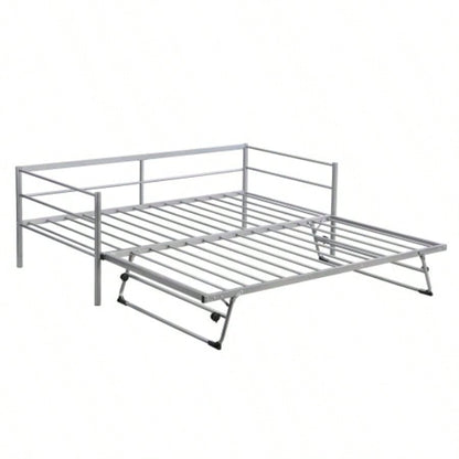 Twin Size Metal Daybed with Adjustable Trundle, Up Trundle, Silver