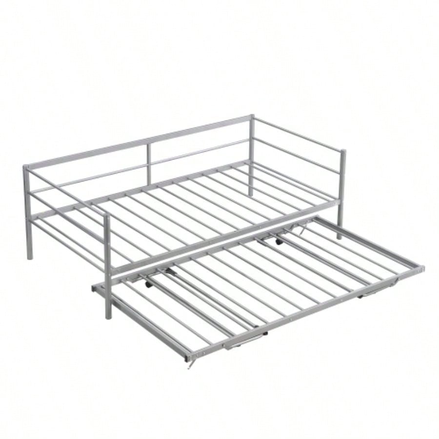 Twin Size Metal Daybed with Adjustable Trundle, Up Trundle, Silver