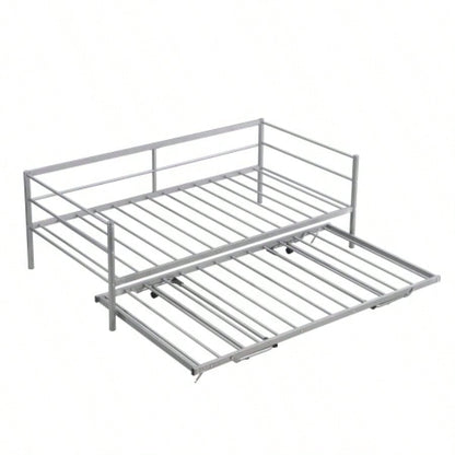 Twin Size Metal Daybed with Adjustable Trundle, Up Trundle, Silver