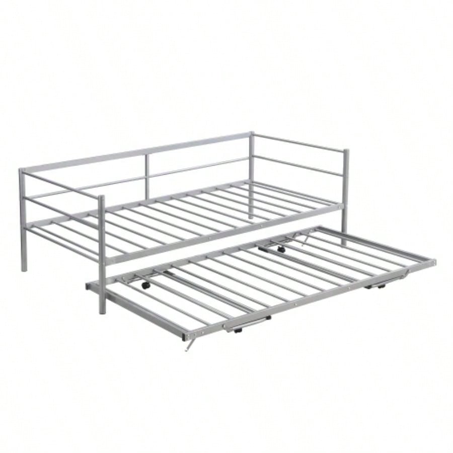 Twin Size Metal Daybed with Adjustable Trundle, Up Trundle, Silver