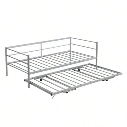 Twin Size Metal Daybed with Adjustable Trundle, Up Trundle, Silver