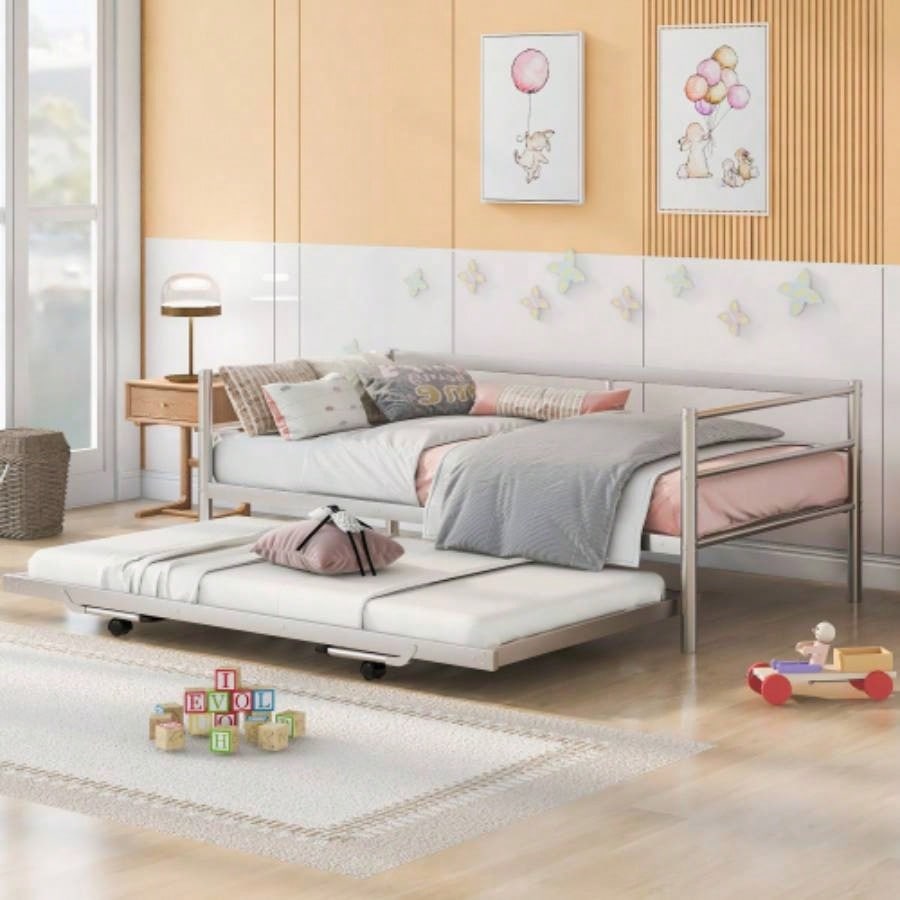 Twin Size Metal Daybed with Adjustable Trundle, Up Trundle, Silver